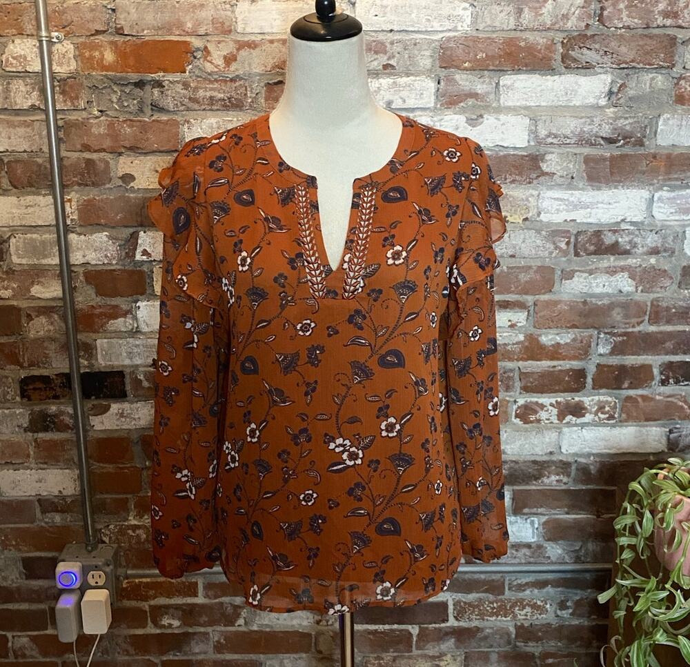 Loft Burnt Orange Slit Neck Floral Small Bell Sleeve Blouse Size S